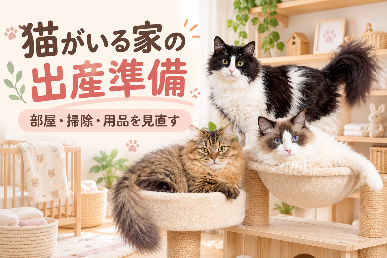 猫がいる家の出産準備。部屋・掃除・用品を見直すという文字と、まふゆ・はるく・あきはを描いたアイキャッチ画像。
