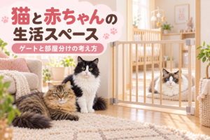猫と赤ちゃんの生活スペース。ゲートと部屋分けの考え方という文字と、ゲートの前で落ち着く3匹の猫を描いたアイキャッチ画像。