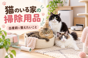 猫のいる家の掃除用品。出産前に整えたいことという文字と、掃除用品のそばでくつろぐまふゆ・はるく・あきはのアイキャッチ画像。