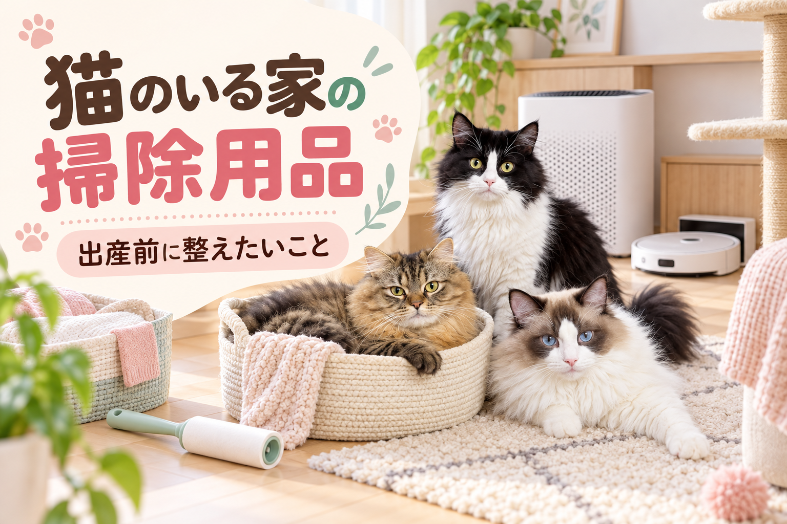 猫のいる家の掃除用品。出産前に整えたいことという文字と、掃除用品のそばでくつろぐまふゆ・はるく・あきはのアイキャッチ画像。