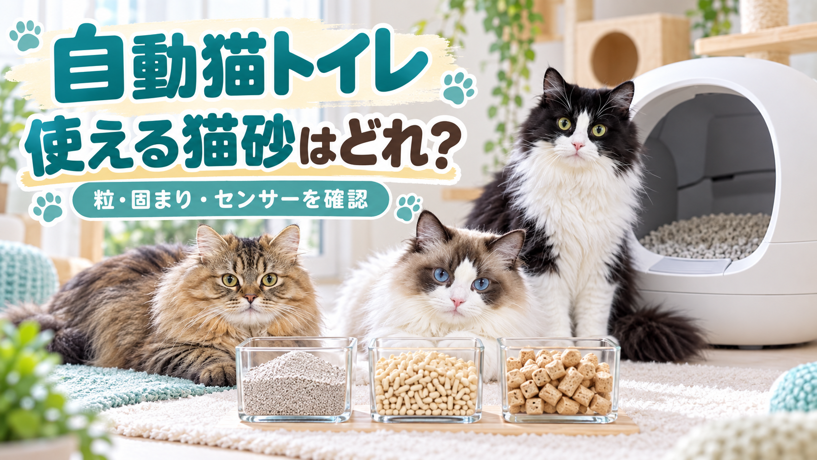 3匹の猫が自動猫トイレと3種類の猫砂を比較するアイキャッチ