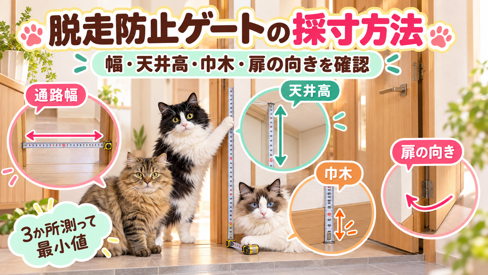 3匹の猫と脱走防止ゲート設置場所の幅・天井高・巾木を測るアイキャッチ