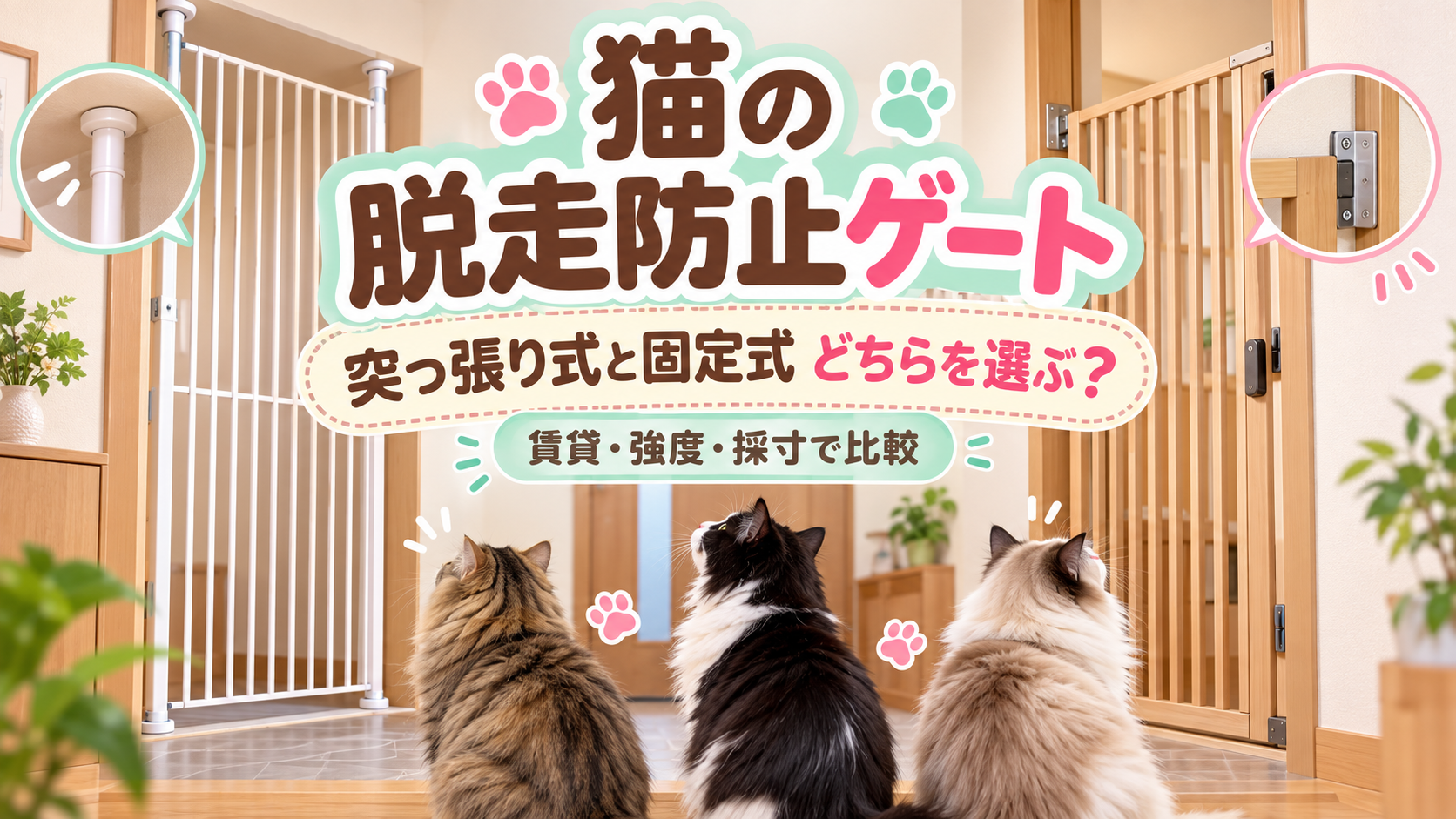 3匹の猫と突っ張り式・固定式の脱走防止ゲートを比較するアイキャッチ