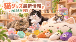 猫グッズ最新情報2026年9月という文字と、カプセルや猫型クッションのそばにいるまふゆ・はるく・あきはを描いたアイキャッチ画像