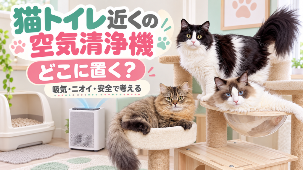 3匹の猫と猫トイレ、近くへ安全に置いた空気清浄機のアイキャッチ