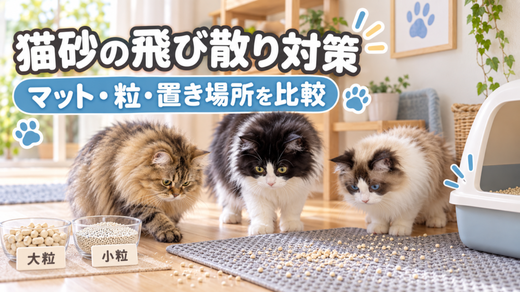 3匹の猫が猫砂の粒と飛び散り防止マットを確認するアイキャッチ