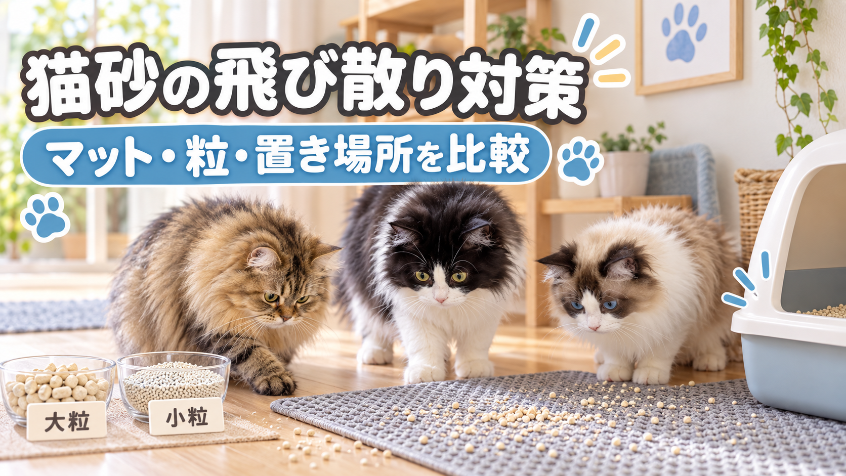 3匹の猫が猫砂の粒と飛び散り防止マットを確認するアイキャッチ