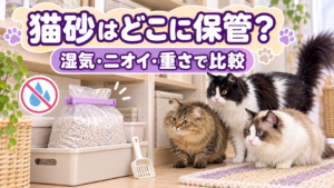 3匹の猫が密封した猫砂収納を見ているアイキャッチ
