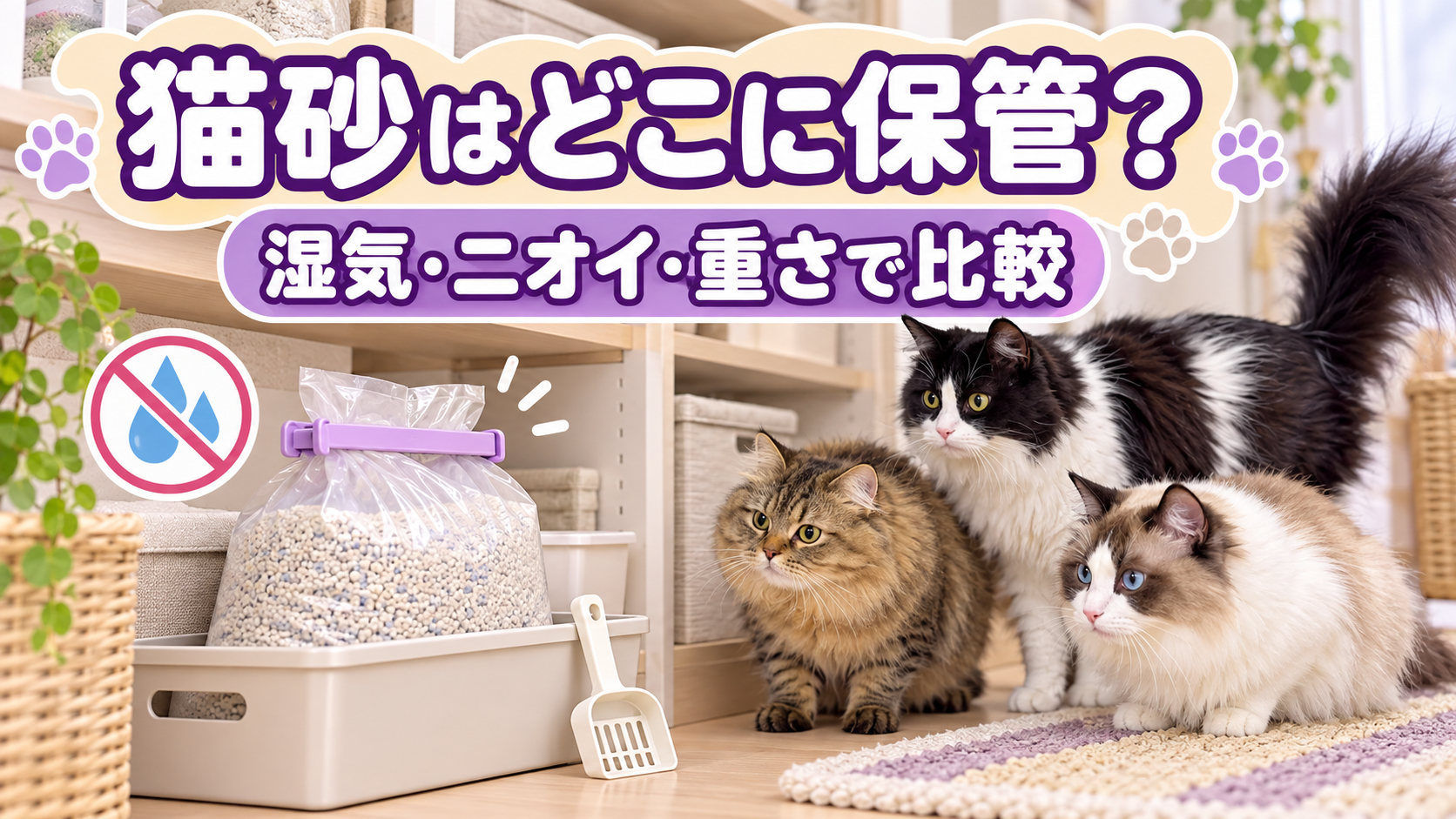 3匹の猫が密封した猫砂収納を見ているアイキャッチ