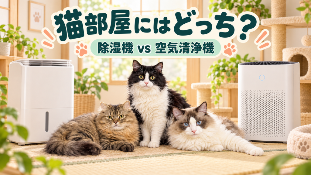 3匹の猫と除湿機・空気清浄機を比較するアイキャッチ