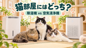 3匹の猫と除湿機・空気清浄機を比較するアイキャッチ