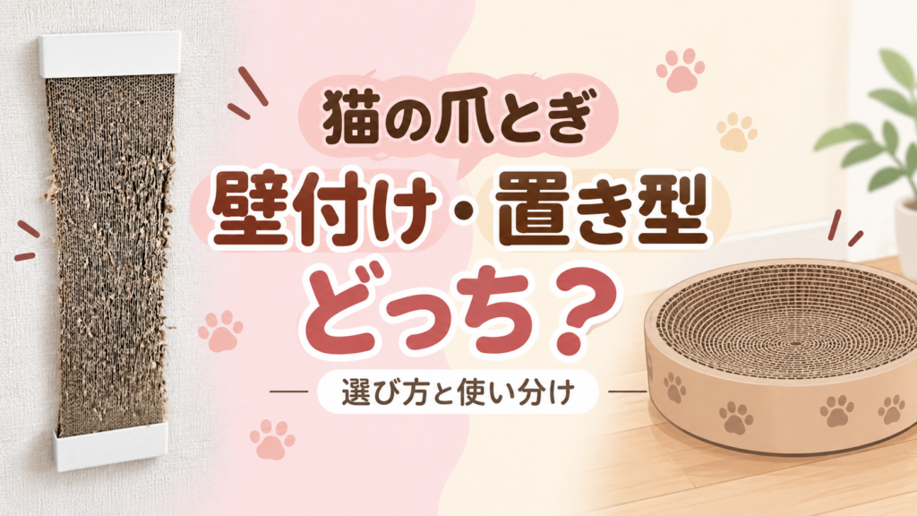 猫の爪とぎを壁付けと置き型で比べる、淡いピンク色の文字入り画像。左は山崎実業のホルダーの実物写真を参考にしたAI編集、右は置き型のイメージ。