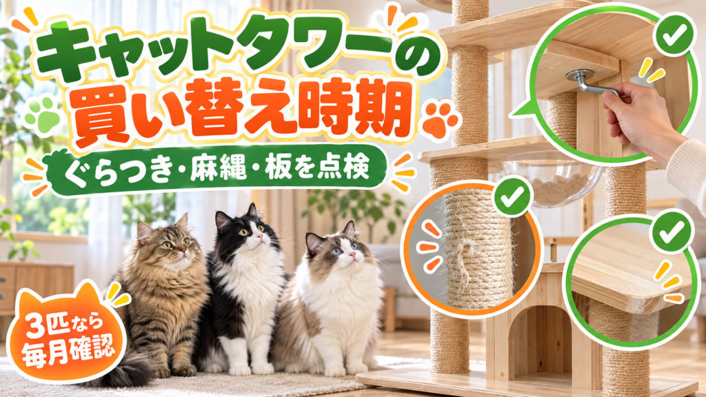 キャットタワーのぐらつき・麻縄・板を点検する猫3匹