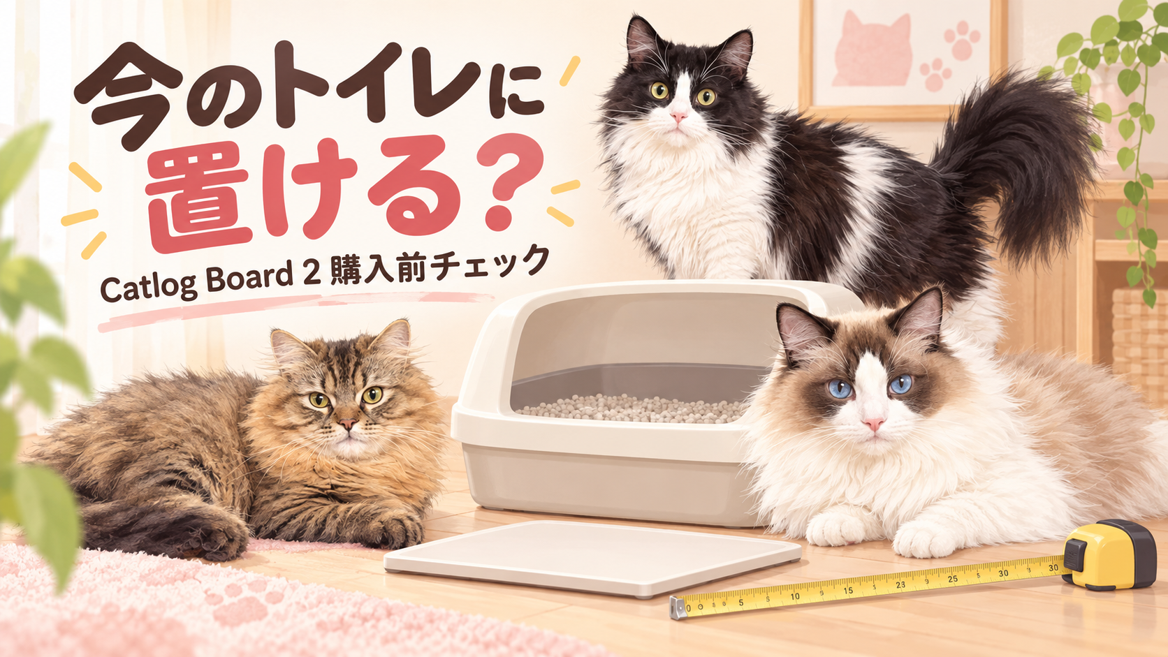 まふゆ・はるく・あきはの3匹と猫トイレの寸法を確認するイラスト