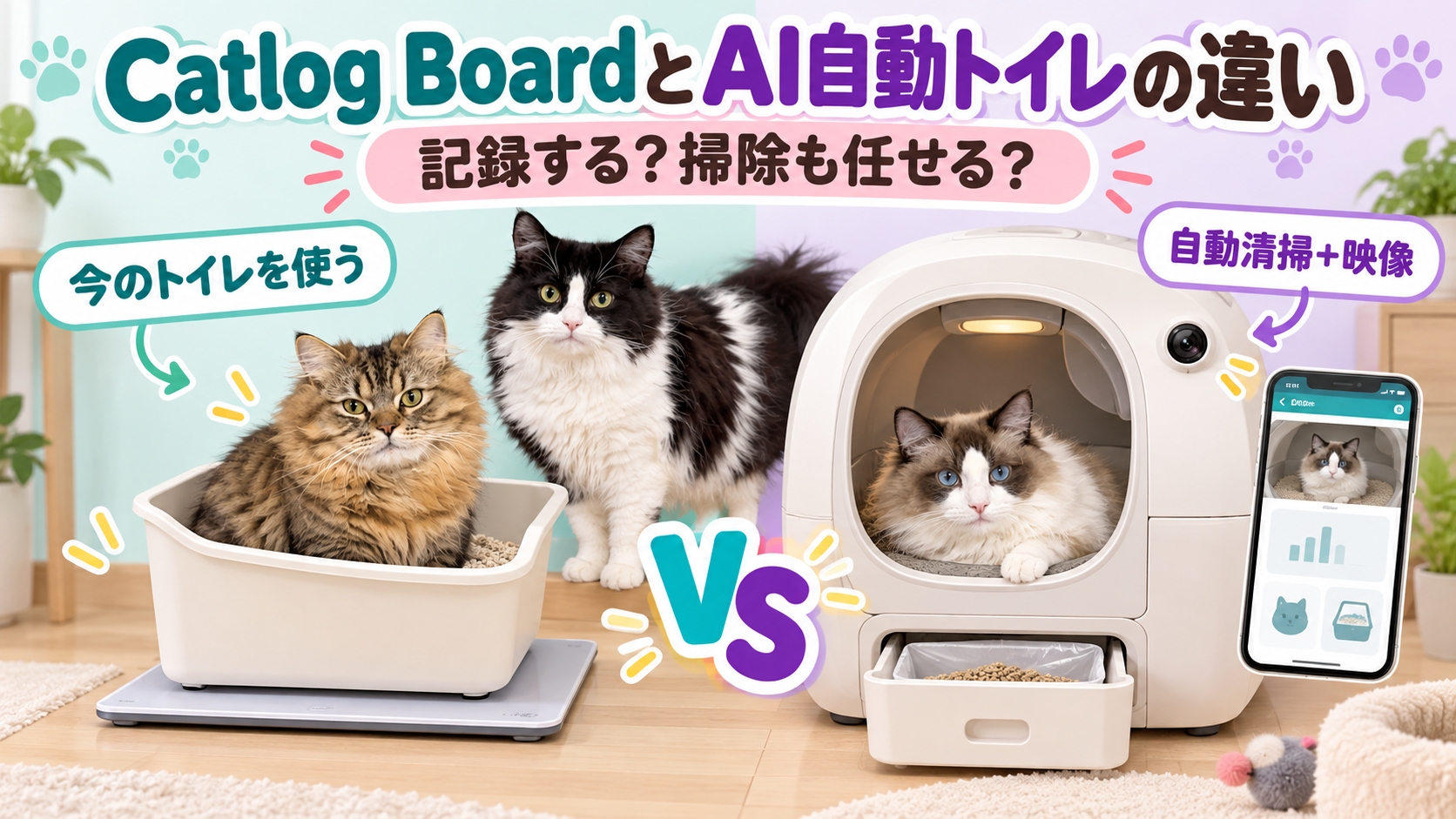 Catlog BoardとAIカメラ付き自動トイレを猫3匹で比較