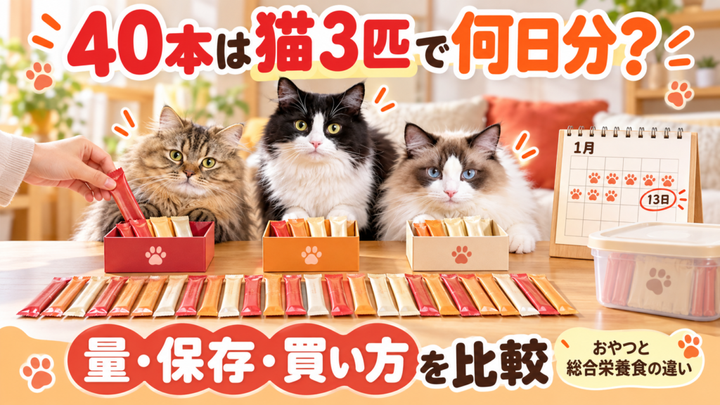 3匹の猫へ40本の個包装おやつを分けて日数を計算するアイキャッチ