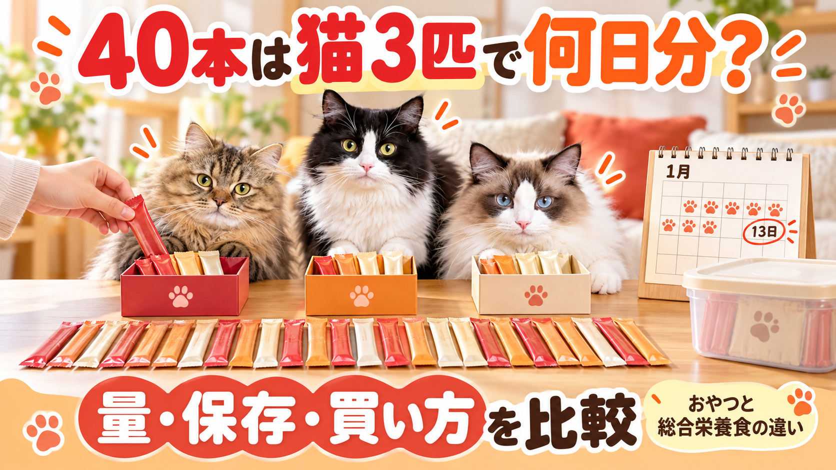 3匹の猫へ40本の個包装おやつを分けて日数を計算するアイキャッチ