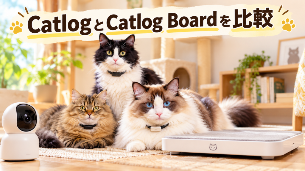 CatlogとCatlog Boardを比較する3匹の猫