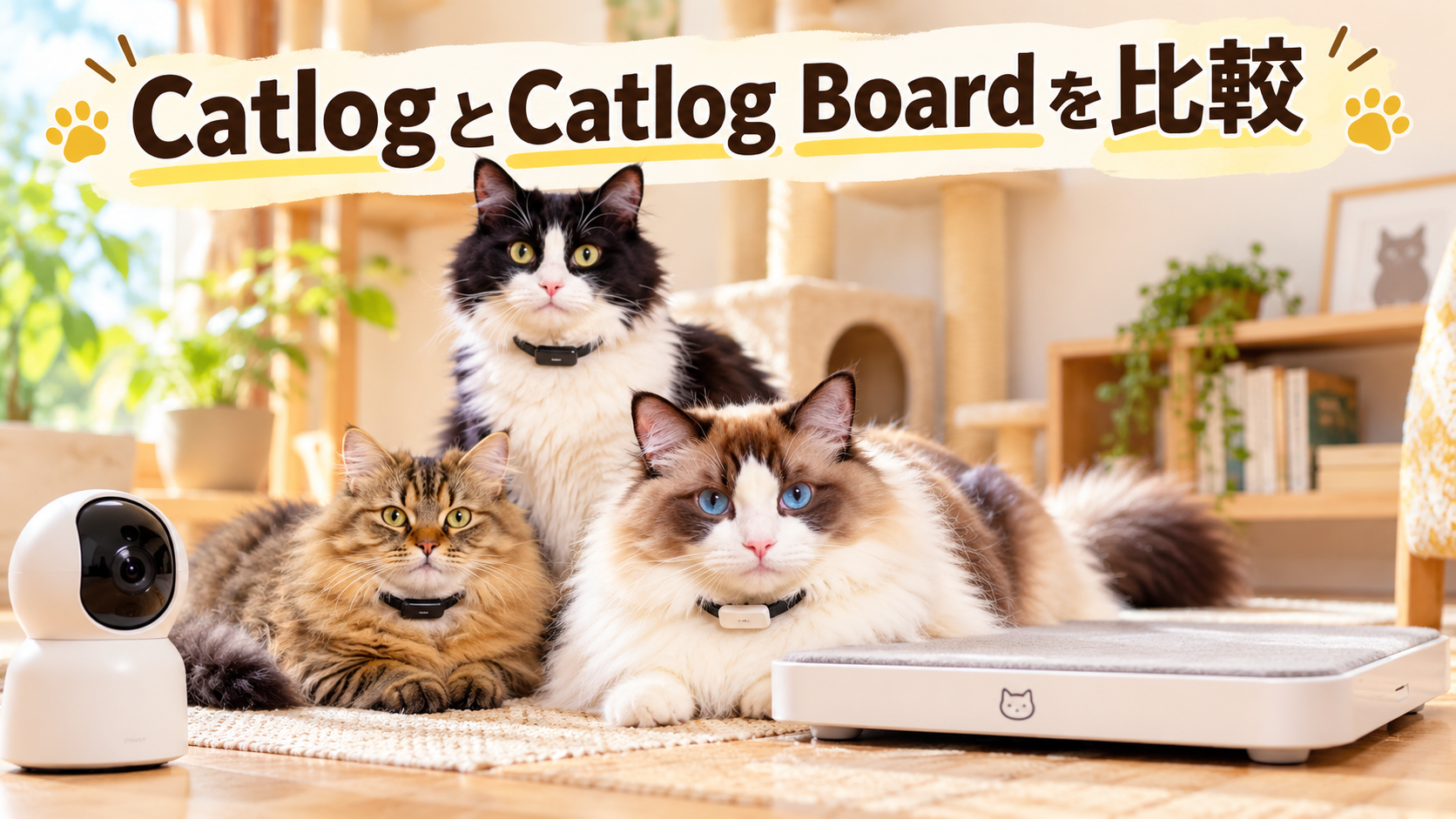 CatlogとCatlog Boardを比較する3匹の猫