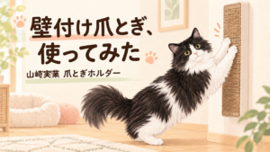 山崎実業 爪とぎホルダーの実使用レビューを紹介する、黒白の猫のイラスト