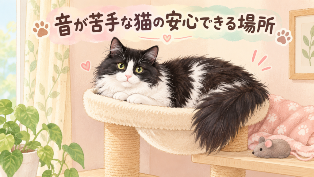 音が苦手な猫の安心できる場所という文字と、黒白の長毛猫はるくを描いたイメージイラスト