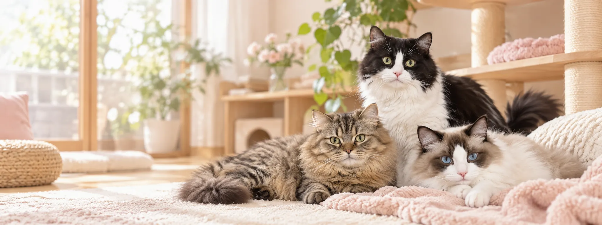 まふゆ・はるく・あきはの3匹がくつろぐ明るい猫部屋