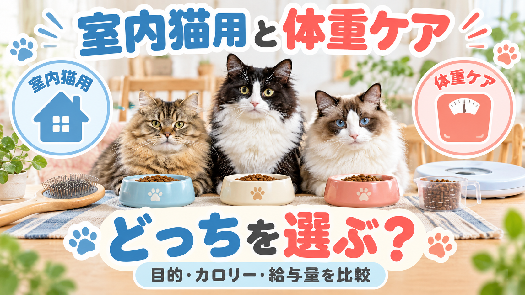 3匹の猫が室内猫用と体重ケア用フードを比較するアイキャッチ