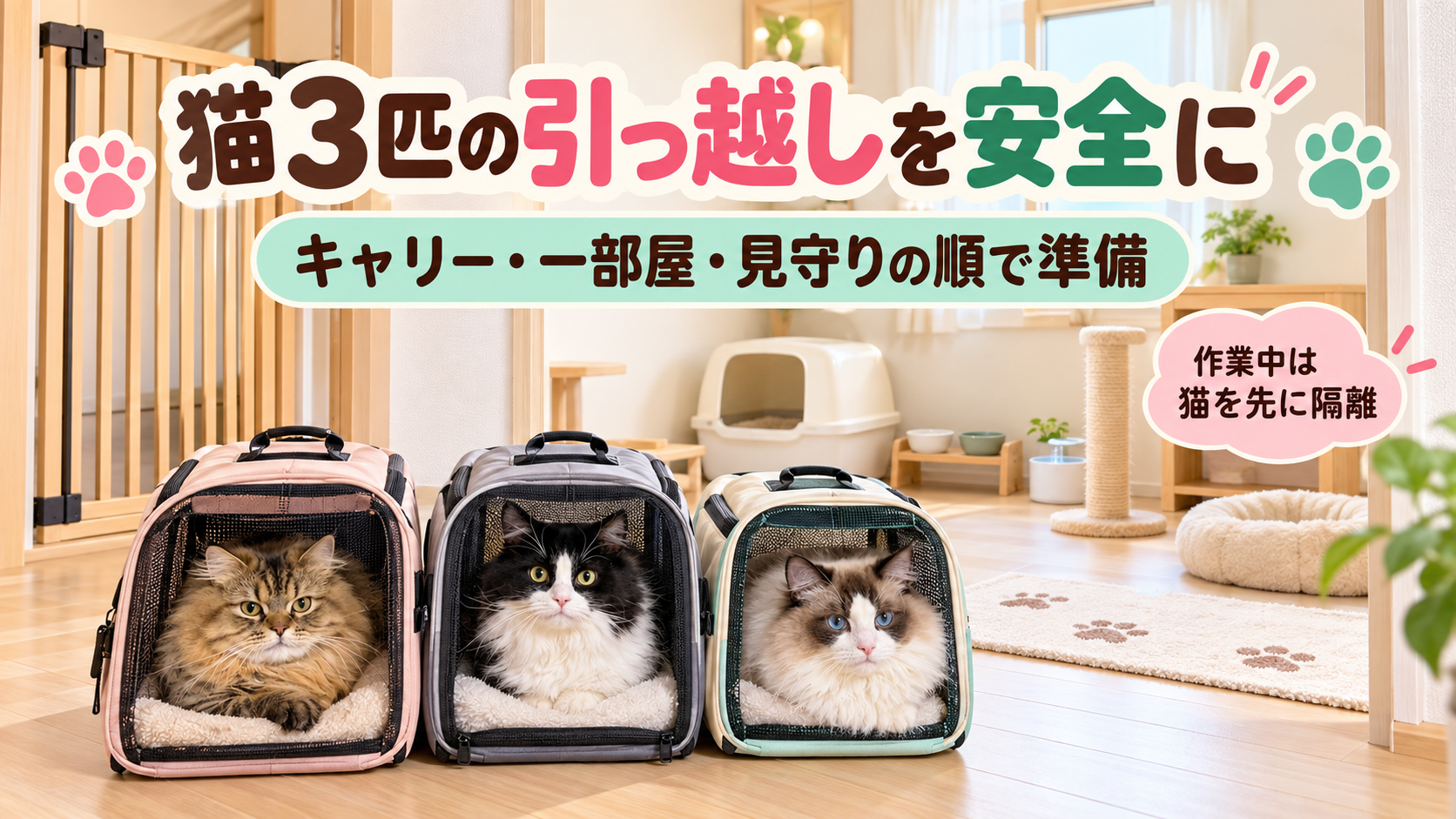 3匹の猫が個別キャリーに入り新居の安全な一部屋へ移るアイキャッチ