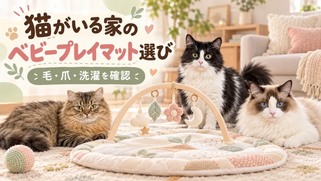 まふゆ・はるく・あきはとベビープレイマット、猫がいる家のベビープレイマット選びという文字