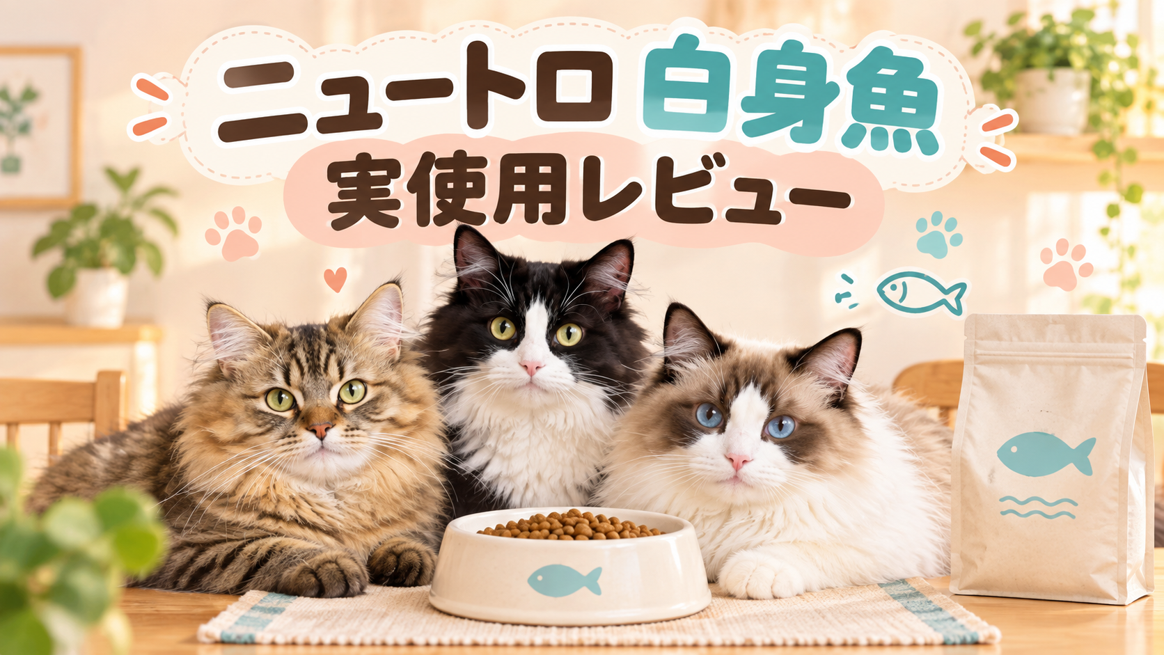 ニュートロ白身魚の実使用レビューを示す、まふゆ・はるく・あきはとフードボウルのイメージ