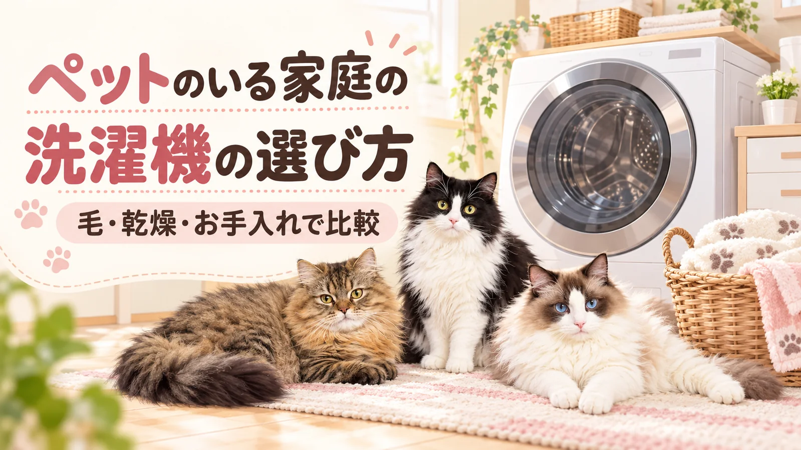 ペットのいる家庭の洗濯機の選び方、まふゆ・はるく・あきはと洗濯機のイラスト