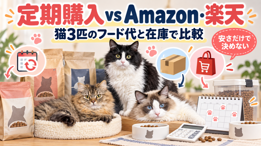 プレミアムキャットフードの定期購入とAmazon・楽天を猫3匹で比較