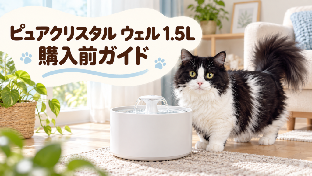黒白の長毛猫と白い自動給水器、ピュアクリスタル ウェル1.5L購入前ガイドの文字