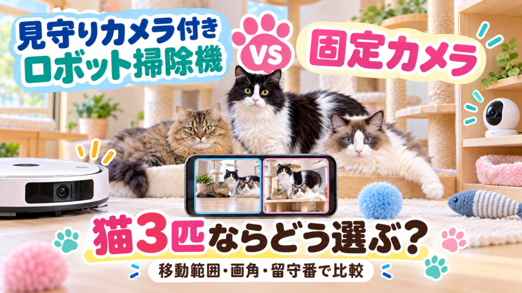 3匹の猫とカメラ付きロボット掃除機、固定ペットカメラを比較するアイキャッチ