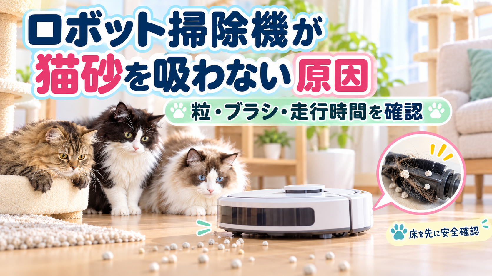 3匹の猫が猫砂を掃除するロボット掃除機を見守るアイキャッチ