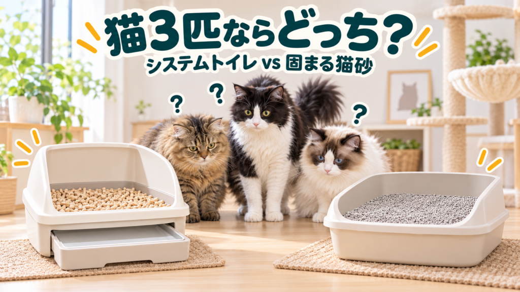 3匹の猫がシステムトイレと固まる猫砂を比較するアイキャッチ