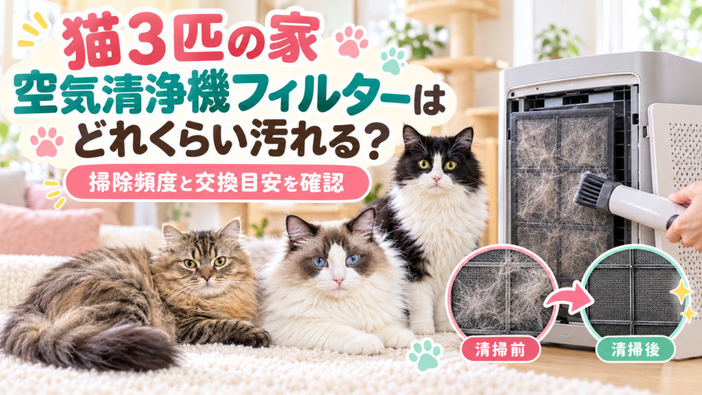 3匹の猫と猫毛が付いた空気清浄機フィルターを掃除するアイキャッチ