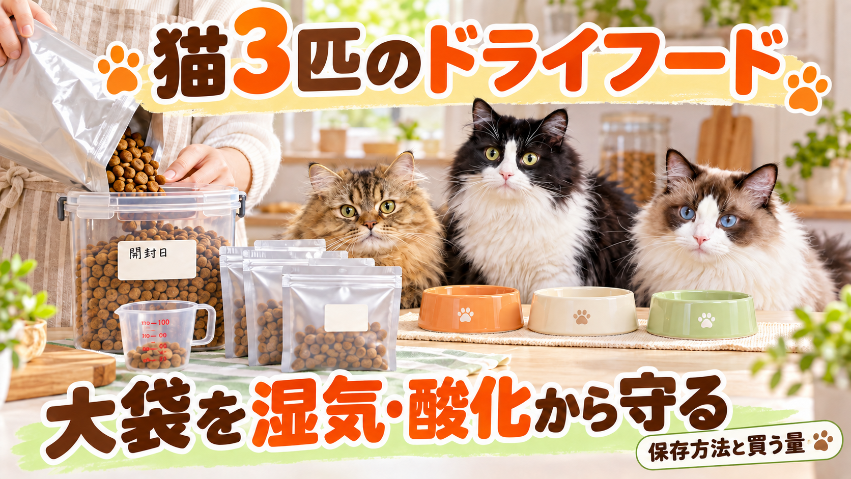 3匹の猫と密封容器、小分け袋、猫用食器のアイキャッチ