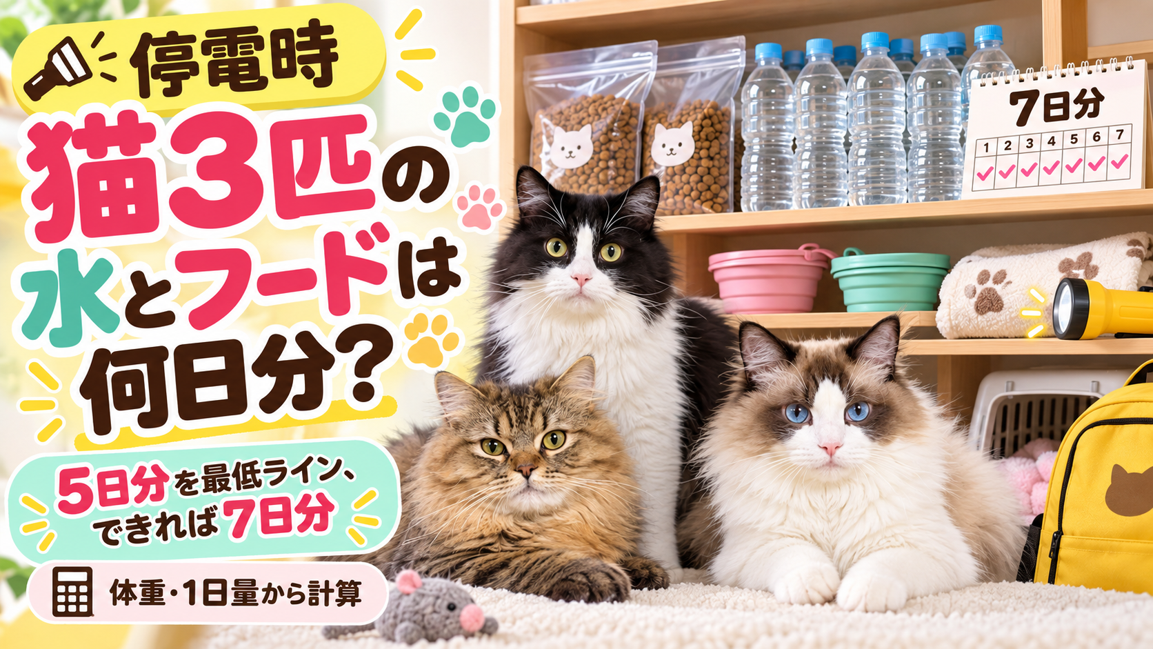 3匹の猫と7日分の水・フード防災備蓄を並べたアイキャッチ