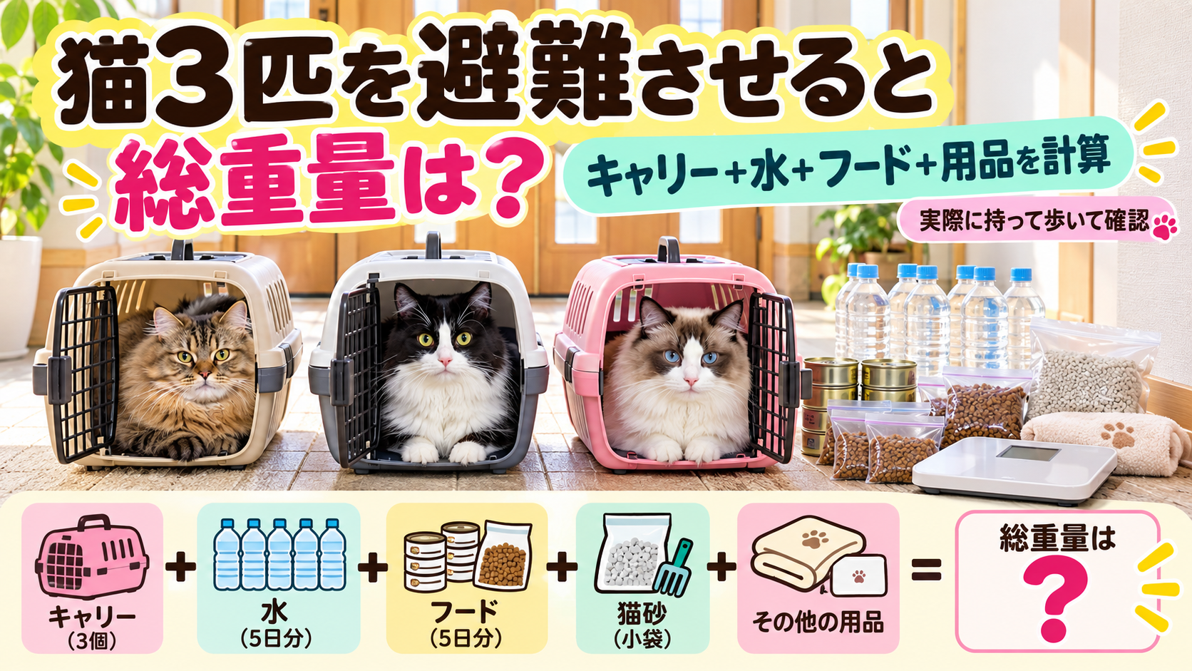 3匹の猫のキャリーと水・フード・猫砂を体重計で量るアイキャッチ