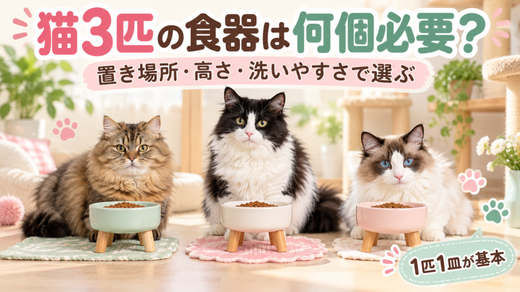 3匹の猫がそれぞれ専用の脚付きフードボウルの前にいるアイキャッチ