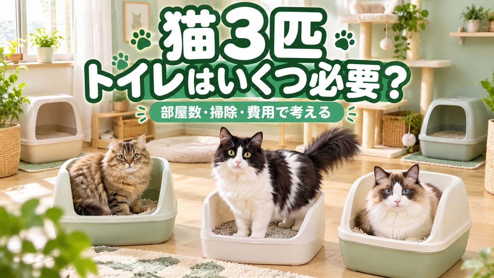 3匹の猫と複数の猫トイレを配置した明るい猫部屋