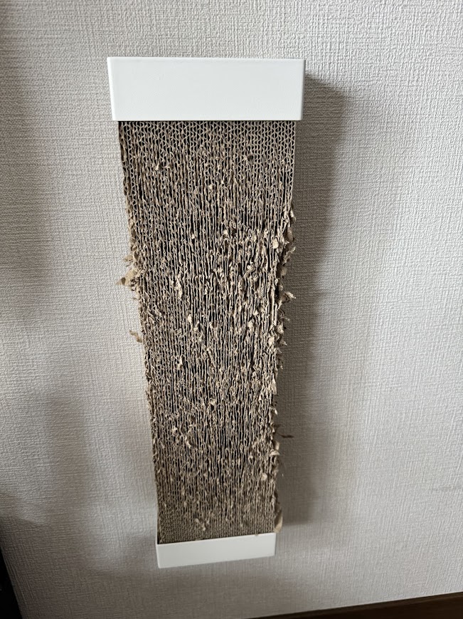 壁に取り付けた山崎実業の爪とぎホルダーと、実際に使っている段ボール爪とぎ。側面に使用による傷みが見える