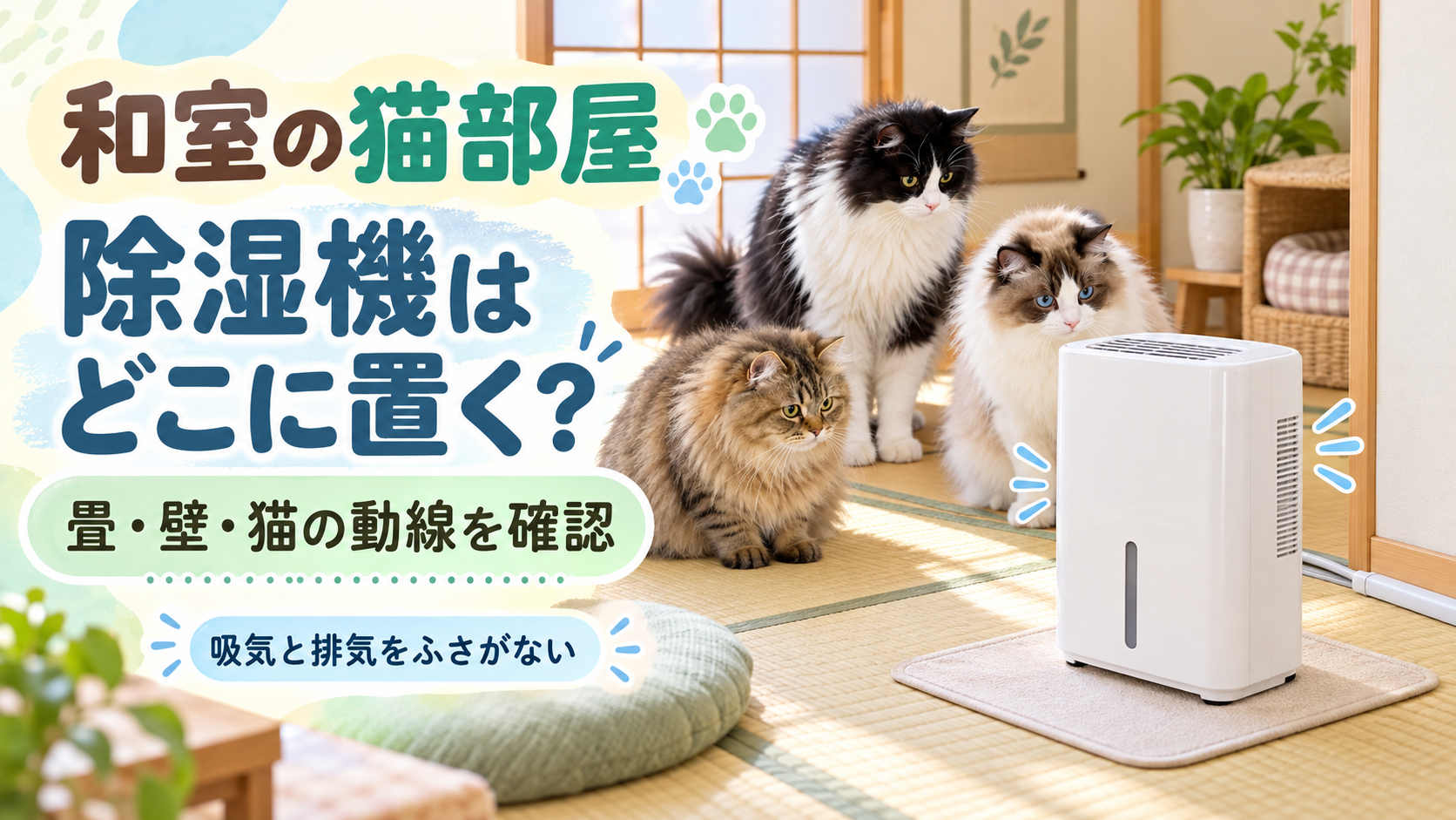 和室で3匹の猫が安全な位置に置かれた除湿機を見ているアイキャッチ