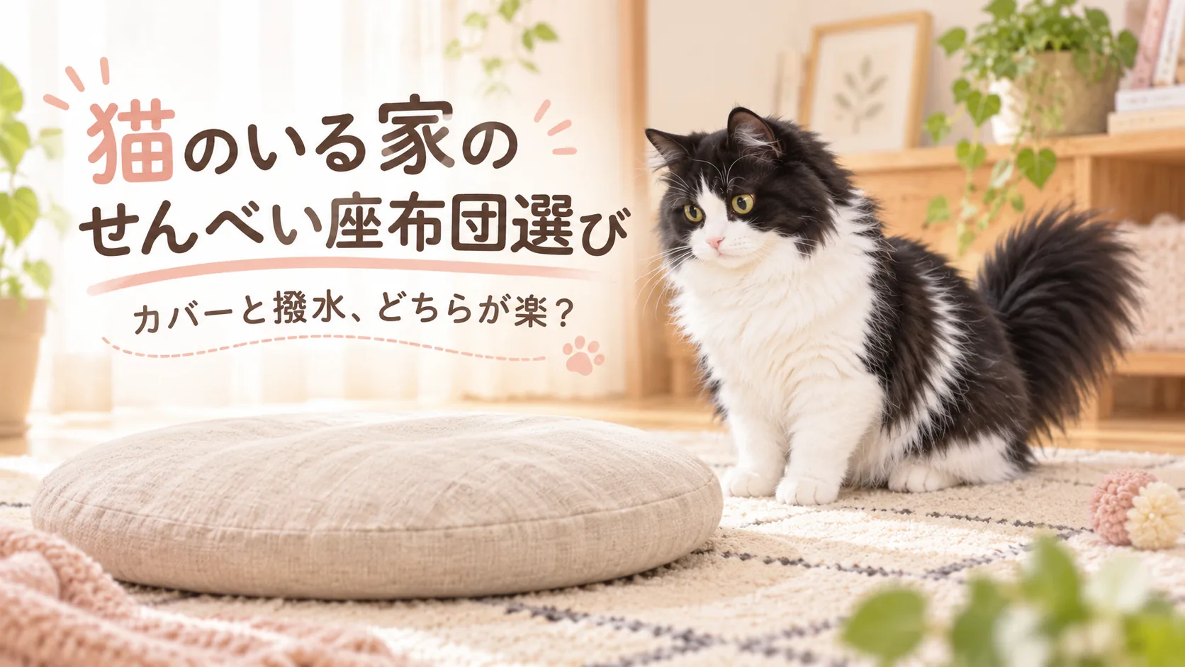 猫のいる家のせんべい座布団選び。黒白の長毛猫はるくと丸い座布団のイメージイラスト